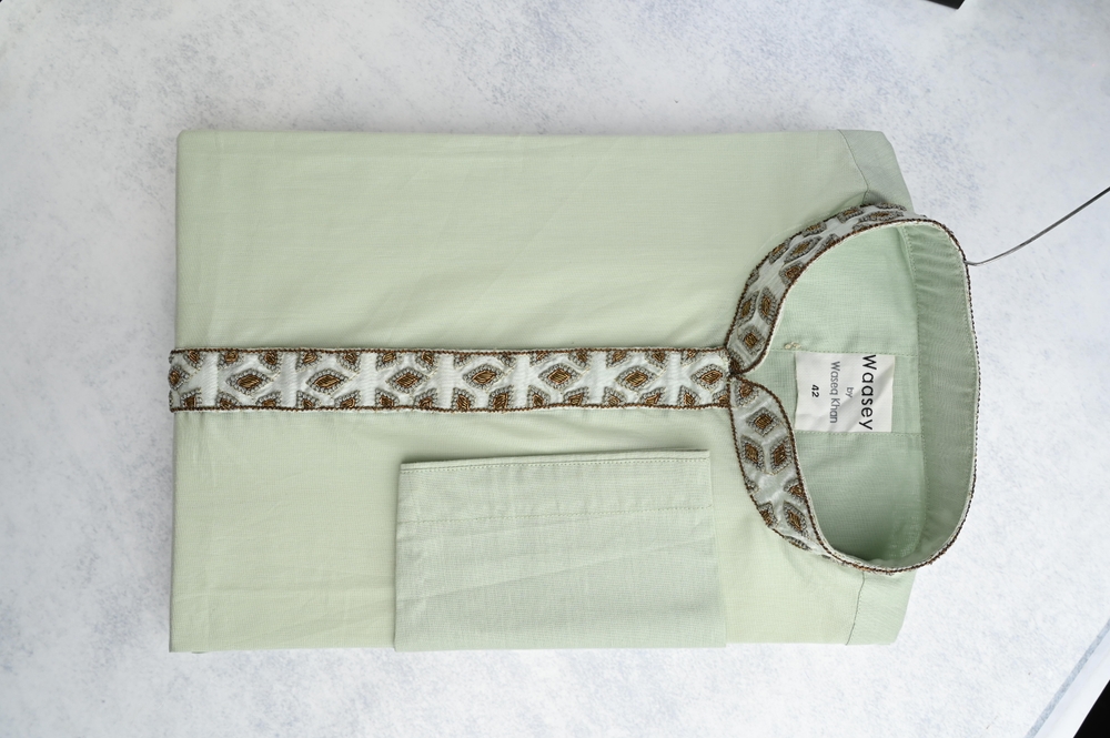 Stylish Light Green Panjabi with Floral Detailing